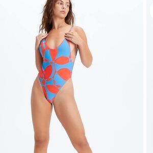 NWT FABLETICS Orange & Blue cheeky one piece swim floral geo print size Medium